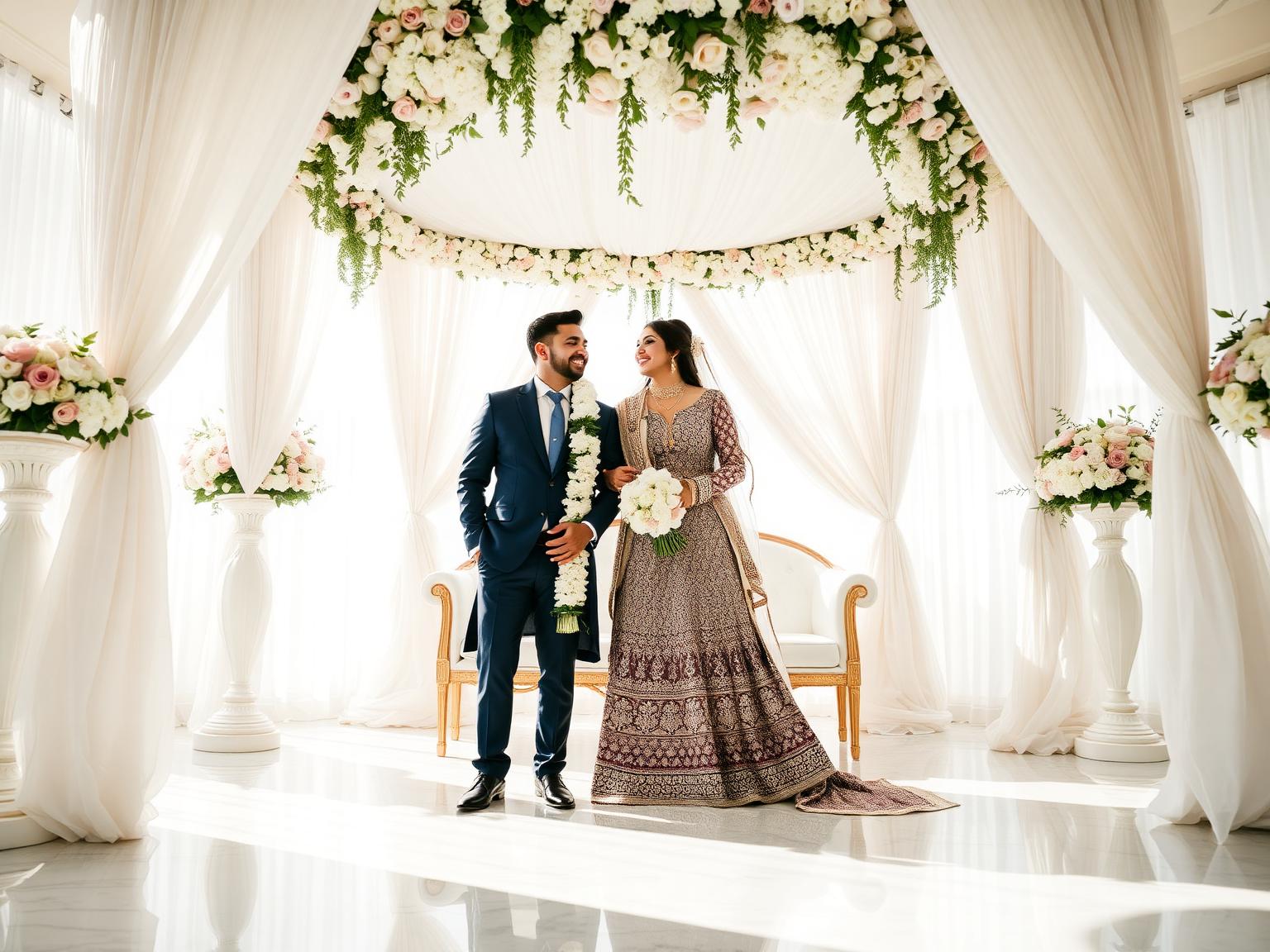 Couple at the mandap in soft daylight